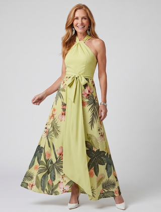 Meadow Draped Halter Botanical Panel Maxi Dress