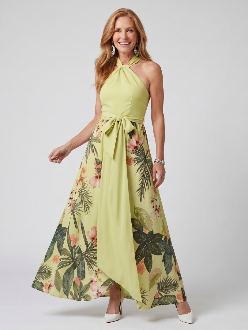 Meadow Draped Halter Botanical Panel Maxi Dress