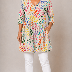 Multicolour printed long blouse with V-neck, front view