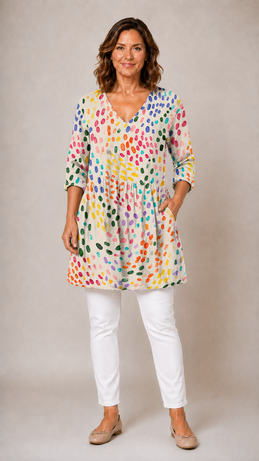 Multicolour printed long blouse with V-neck, front view