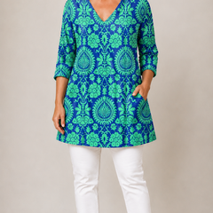 Marlee long blouse with V-neck in teal, front view