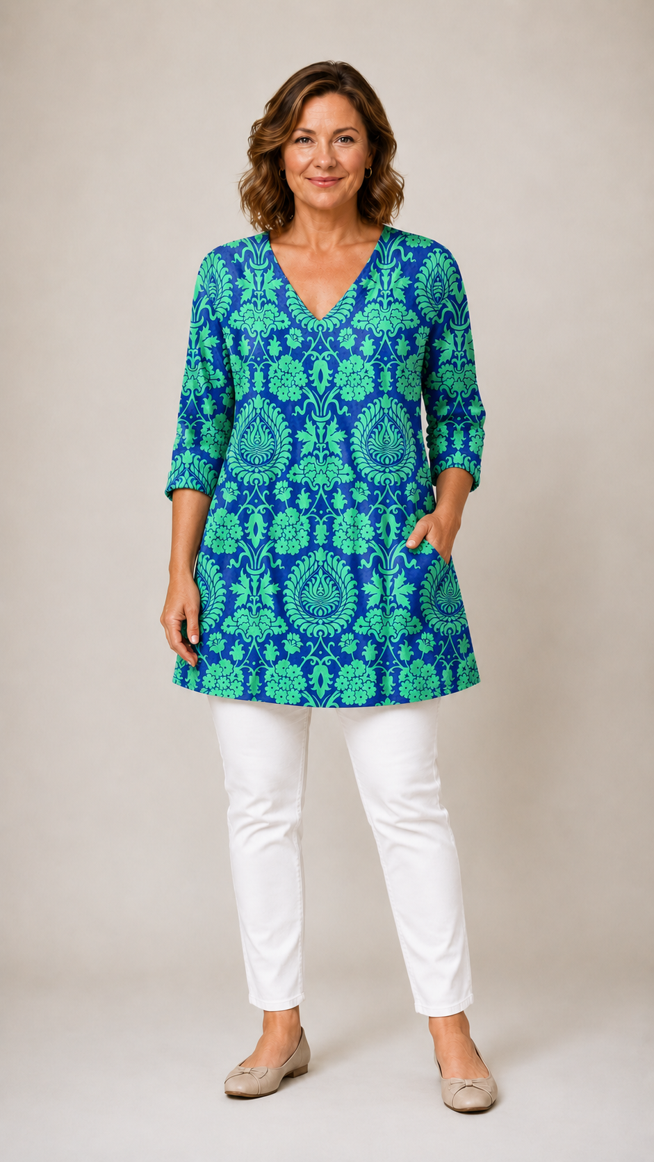 Marlee long blouse with V-neck in teal, front view