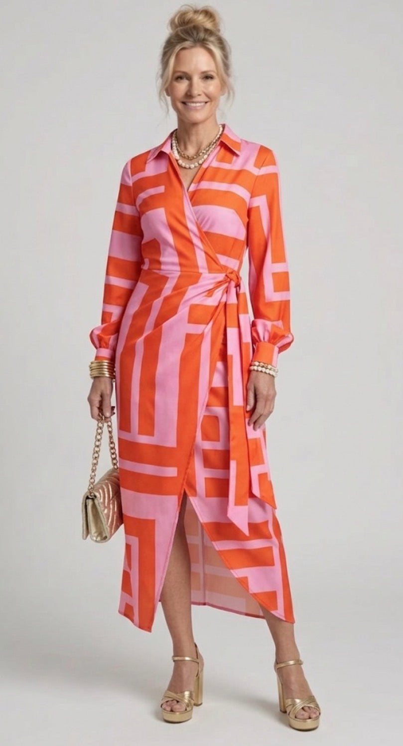 Elvina Printed Wrap Dress with Collared Neckline