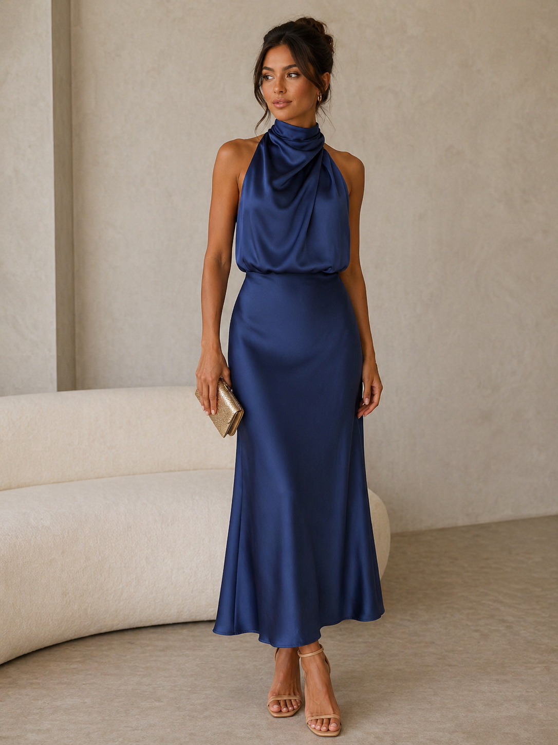 Estella Draped Dress with High Neckline