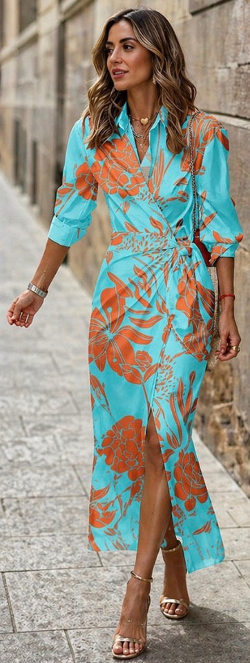 Elvina Printed Wrap Dress with Collared Neckline