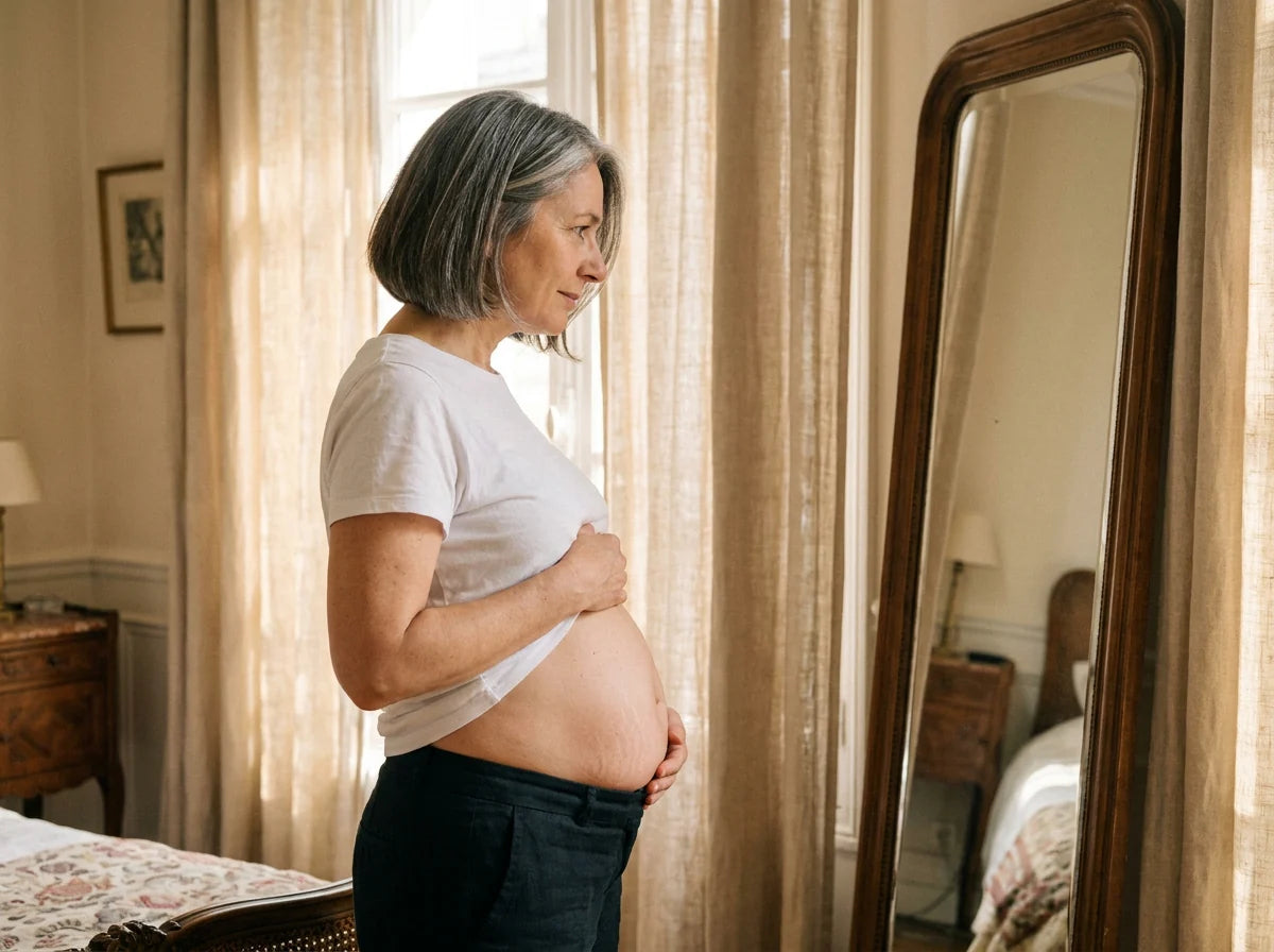A woman looking at her stomach in the mirror