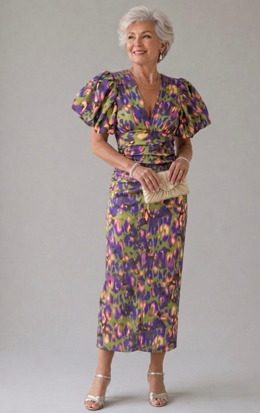 Loren Dress With Puff Sleeves, Printed V-Neck Midi Dress