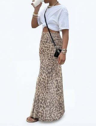 Terry high waisted leopard print mesh skirt