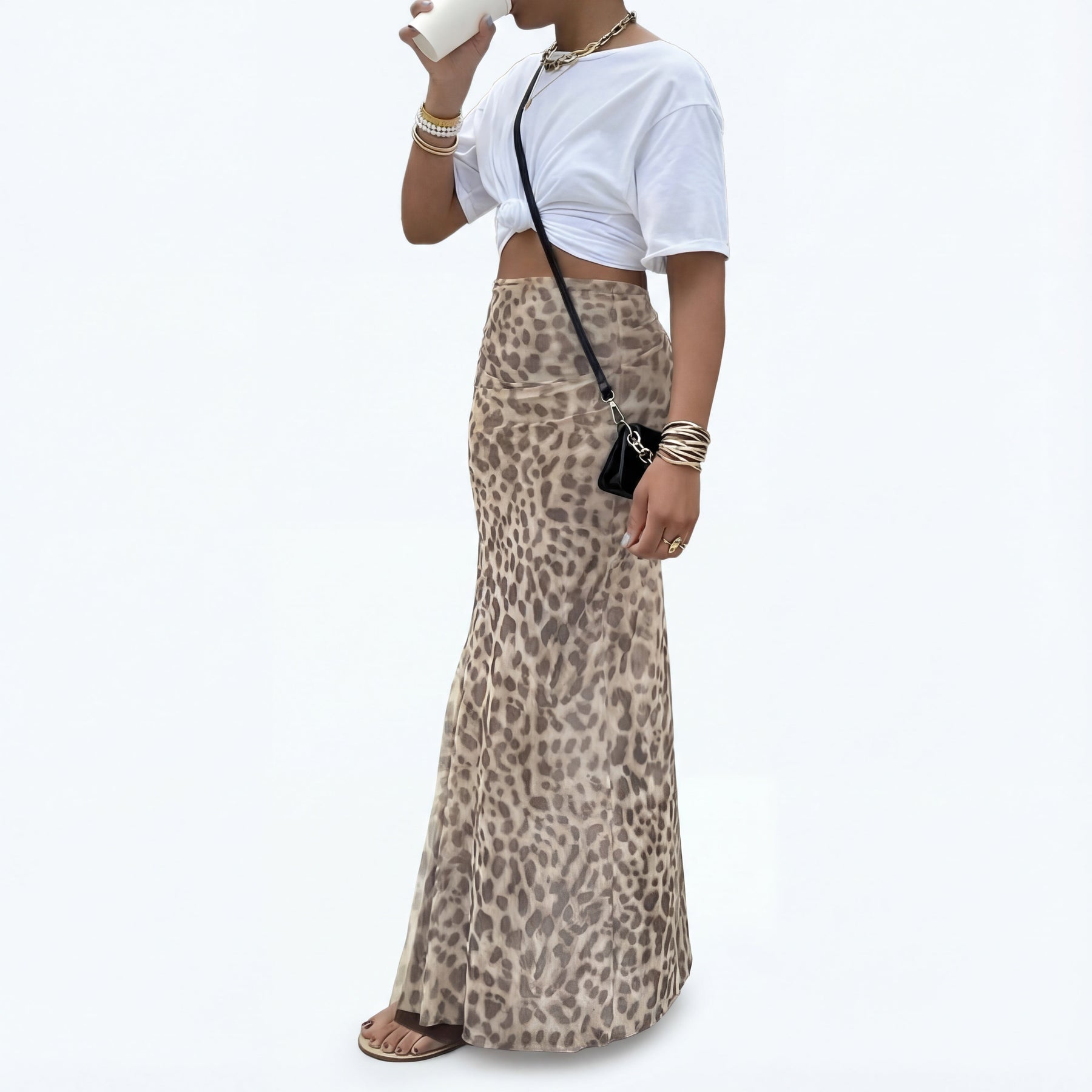 Terry high waisted leopard print mesh skirt