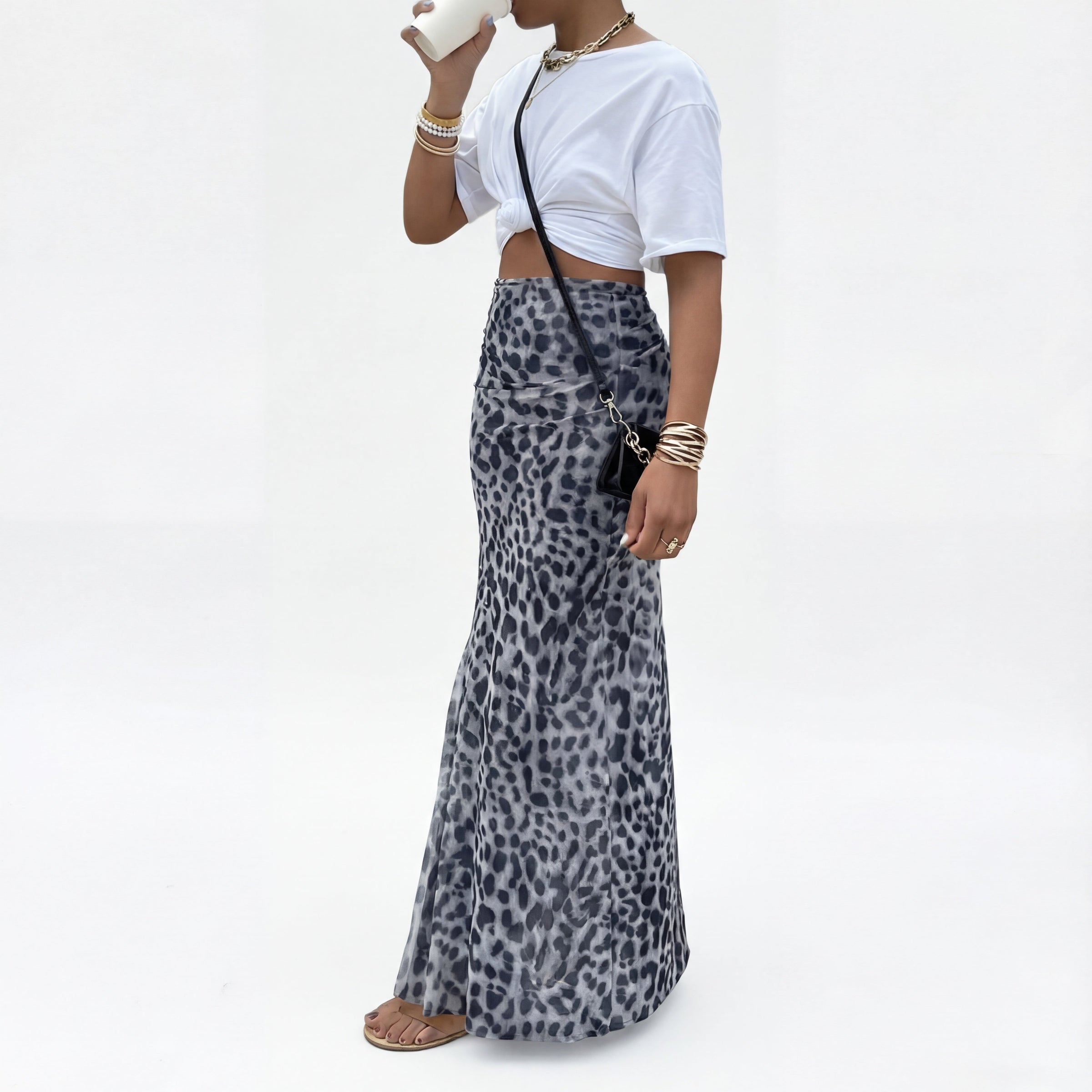 Terry leopard print mesh skirt shown styled with a top
