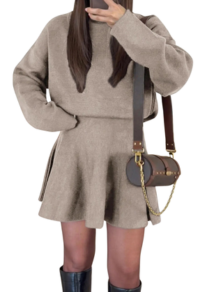 Apricot long sleeve dress with flared skirt