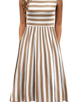 Sleeveless midi dress in apricot and white stripe