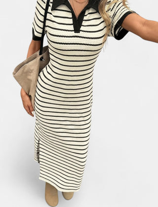 Striped polo neck knit midi dress in apricot