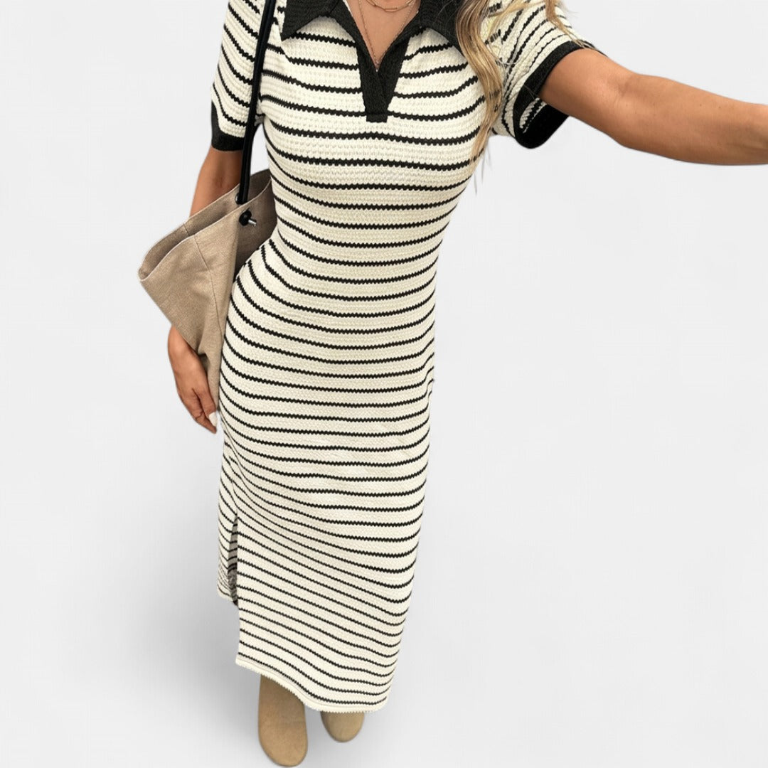 Striped polo neck knit midi dress in apricot