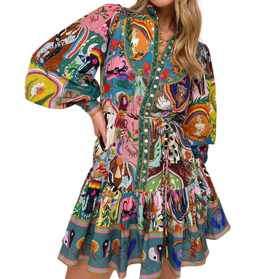 Bohemian printed dress with lace up waist