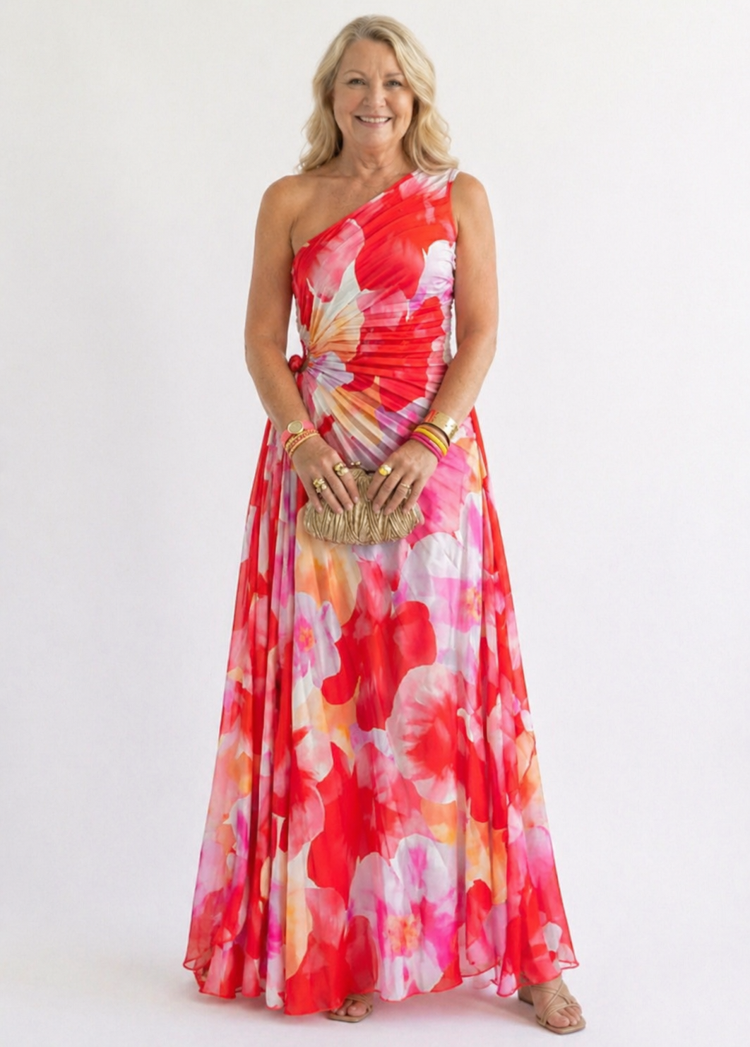Yanira Pleated One-Shoulder Dress with Asymmetric Hem