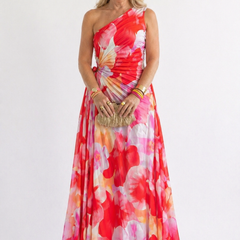 Celeste Vibrant Tropical Evening Dress with One-Shoulder Neckline
