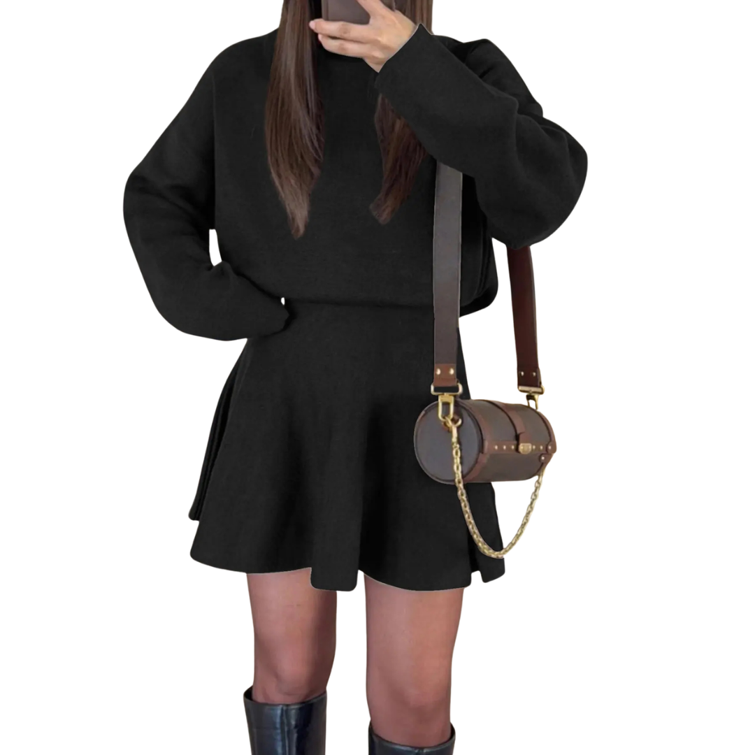 Black long sleeve dress with flared skirt