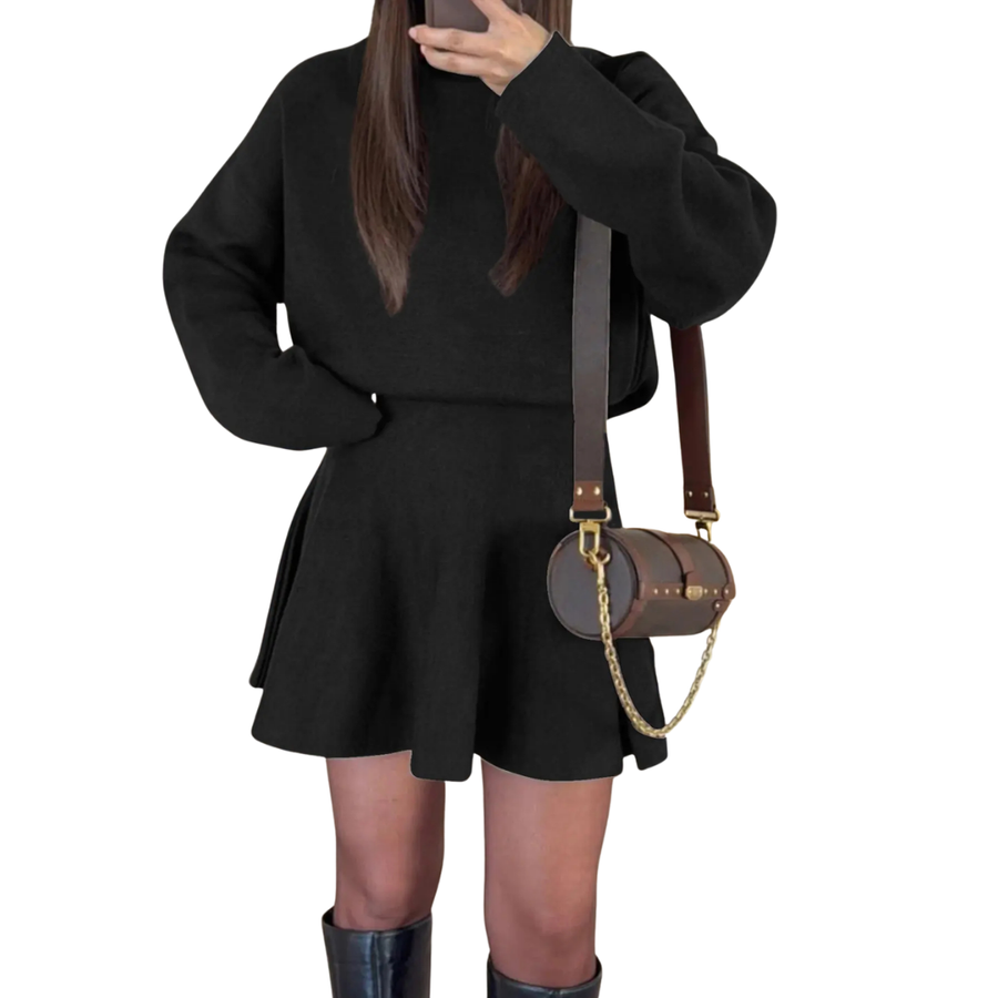 Black long sleeve dress with flared skirt