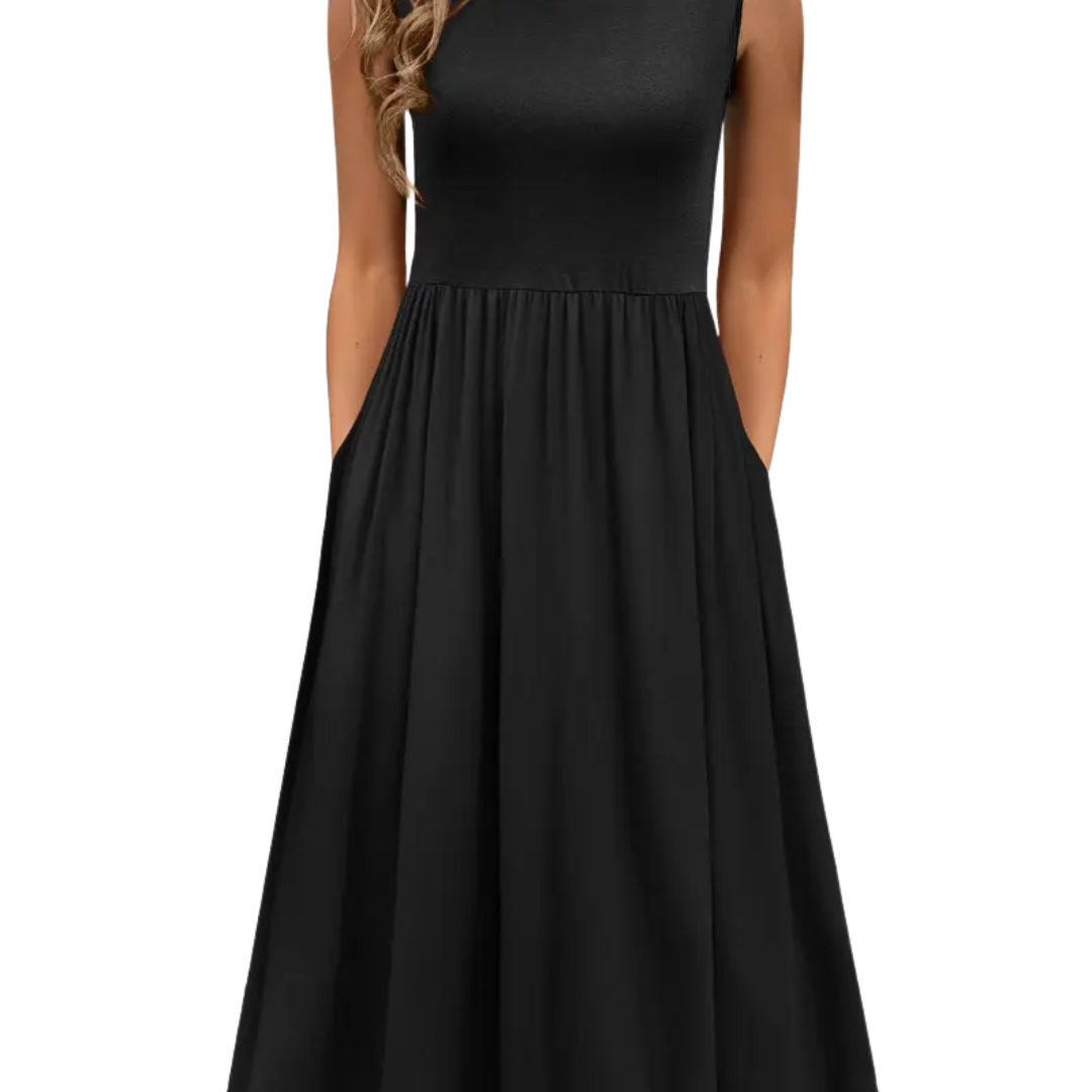 Sleeveless A line pocket midi dress in black