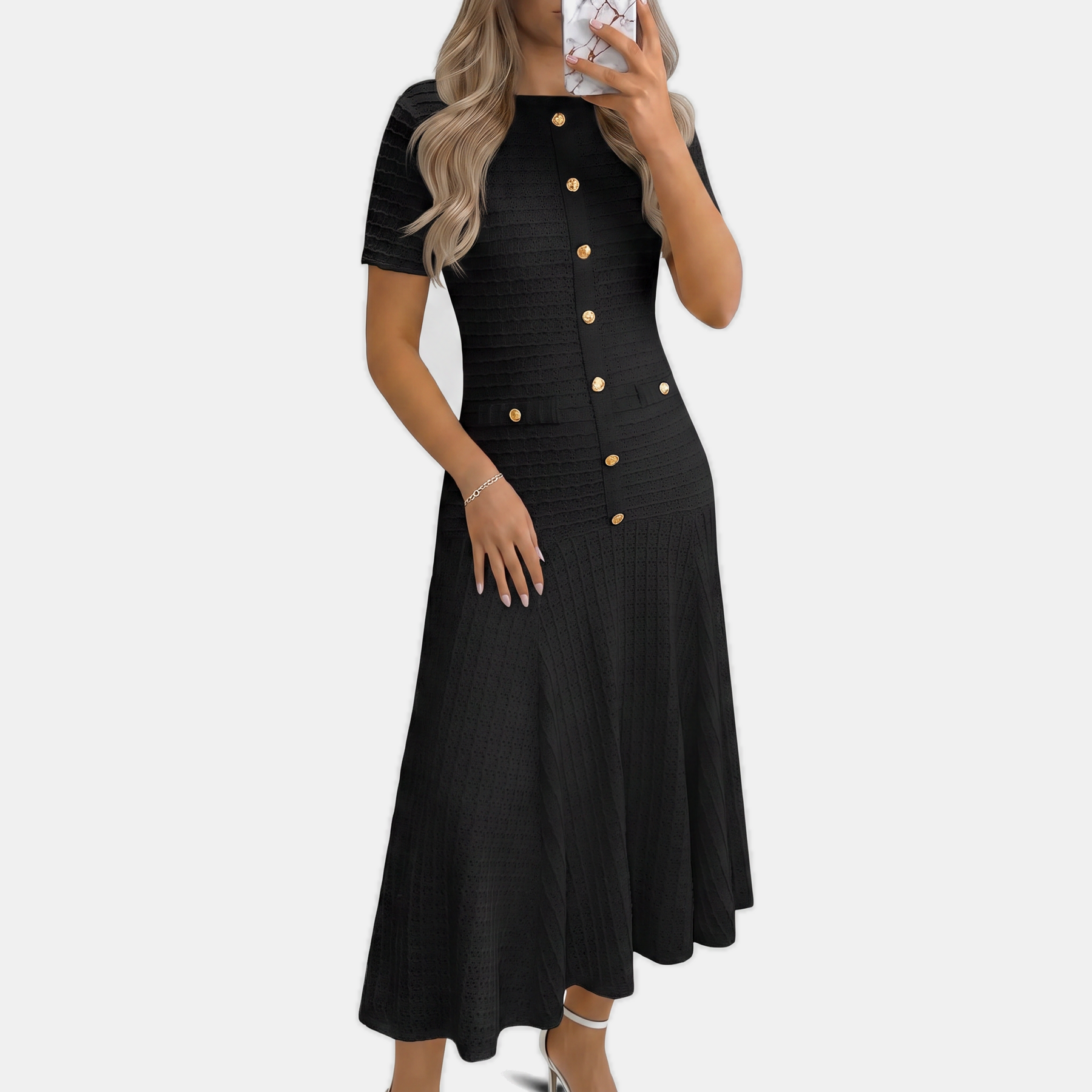 Button front midi dress in black