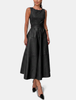 Belted faux leather A line midi dress in black