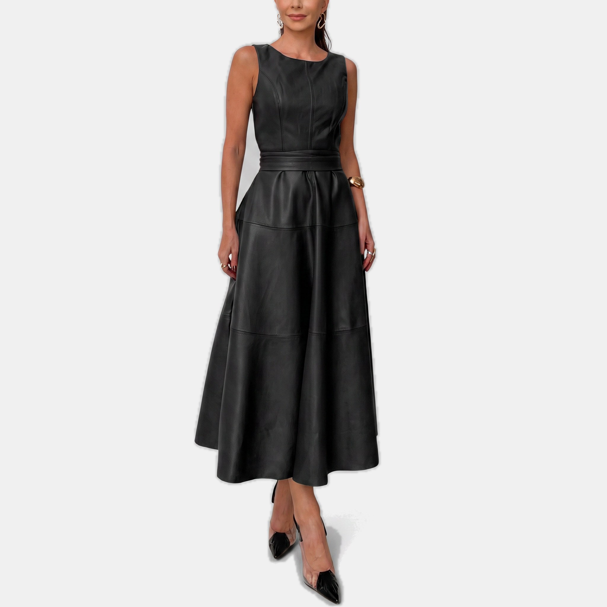 Belted faux leather A line midi dress in black