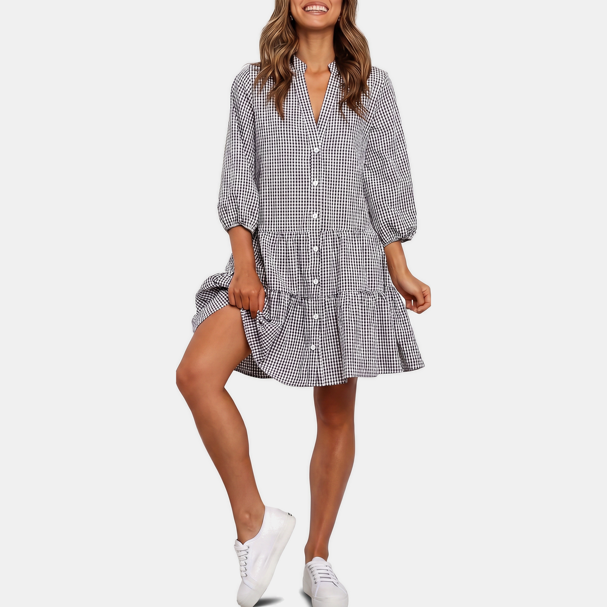 Harriet plaid puff sleeve midi dress in black