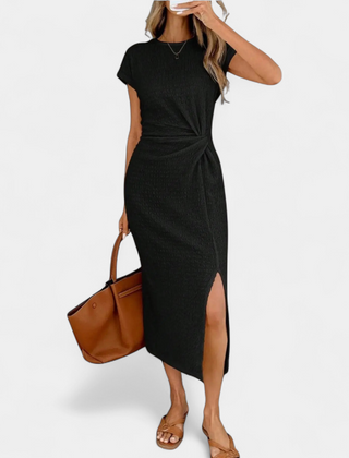 Twist knot midi dress in black with high side slit