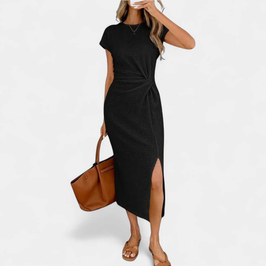 Twist knot midi dress in black with high side slit