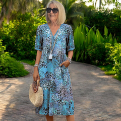 Printed V neck midi dress in blue