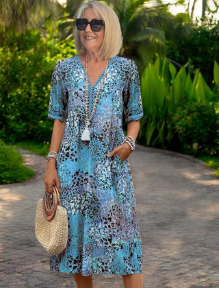 Printed V neck midi dress in blue