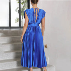 Blue pleated dress side view