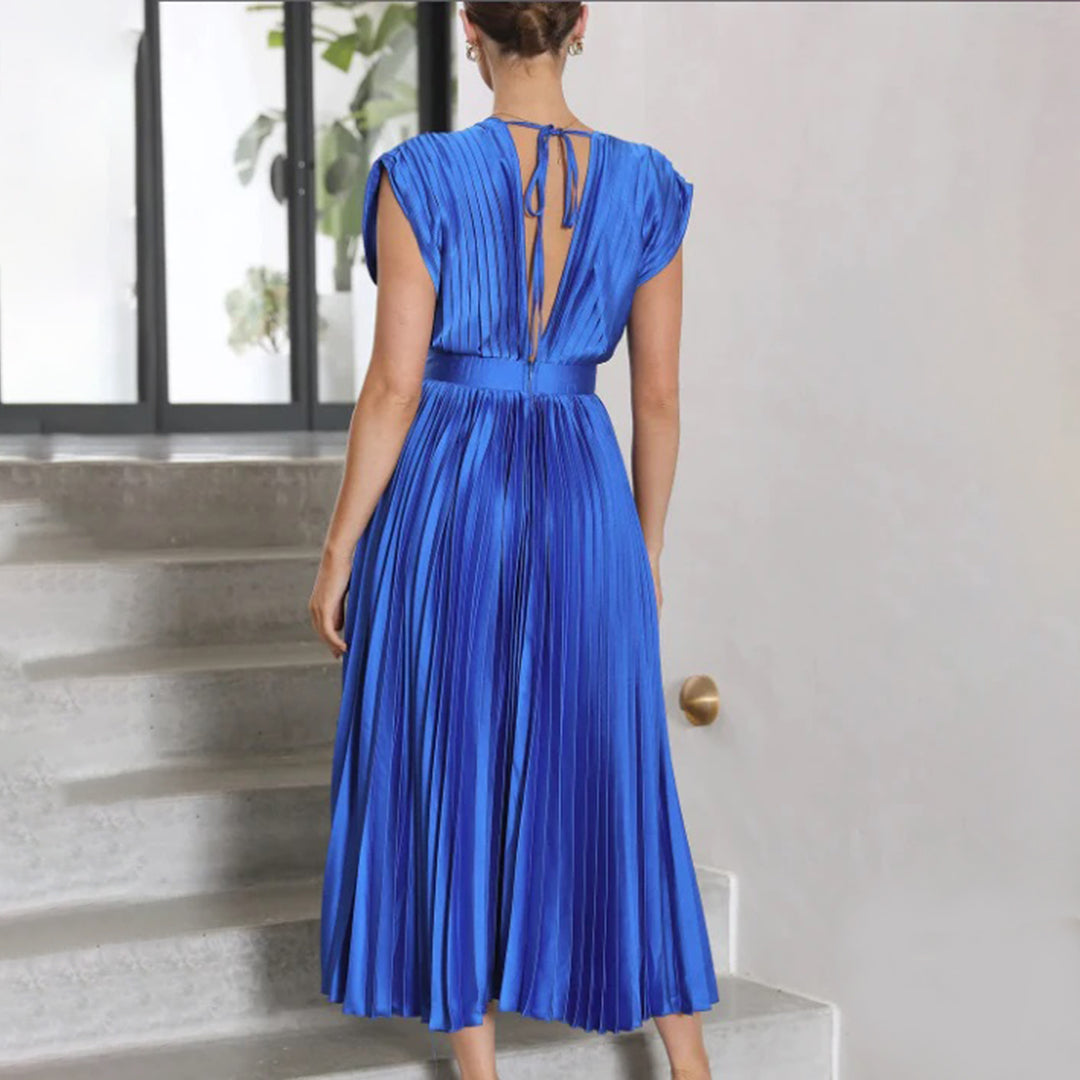 Blue pleated dress side view