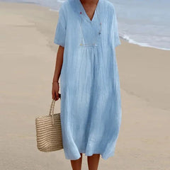 Relaxed V neck midi dress in blue