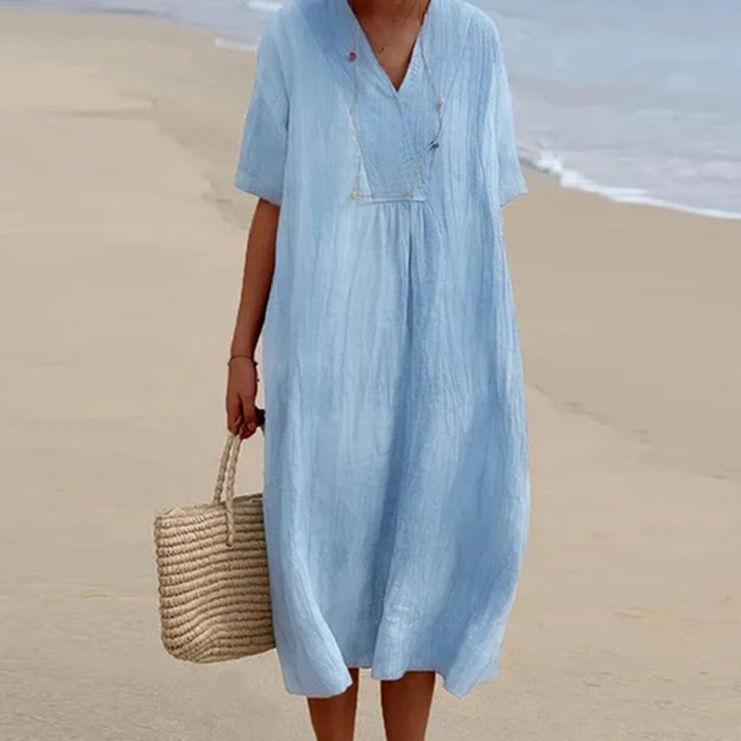 Relaxed V neck midi dress in blue