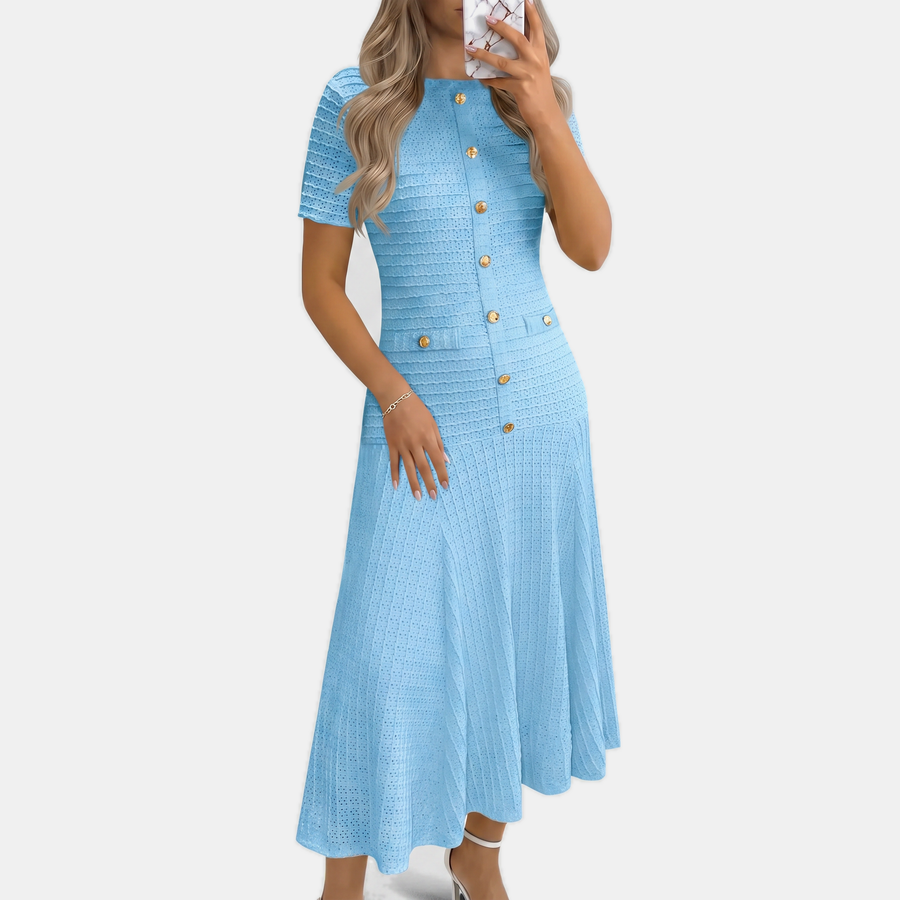 Button front midi dress in blue