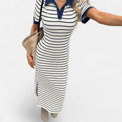 Striped polo neck knit midi dress in blue