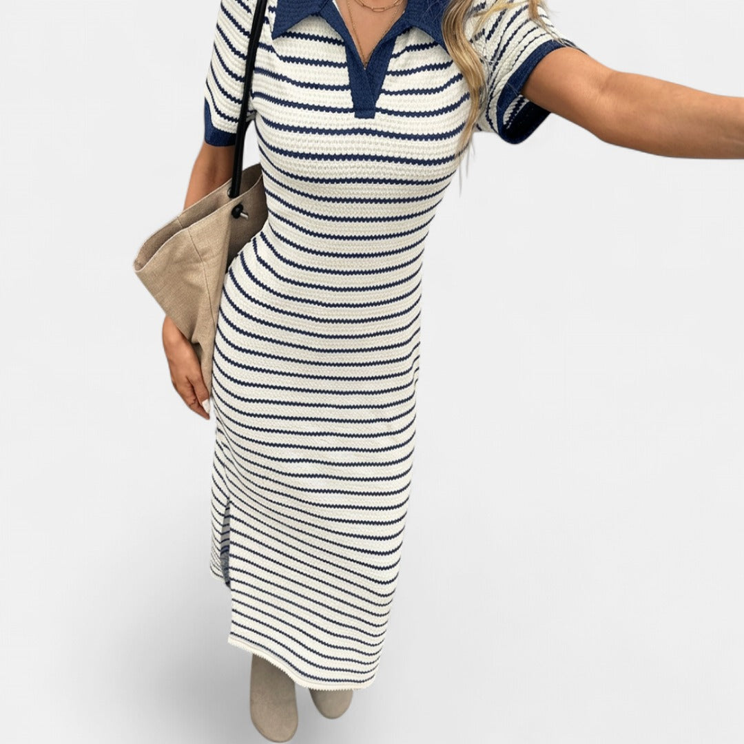 Striped polo neck knit midi dress in blue