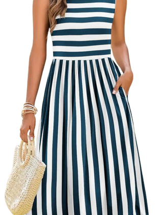 Sleeveless midi dress in blue and white stripe