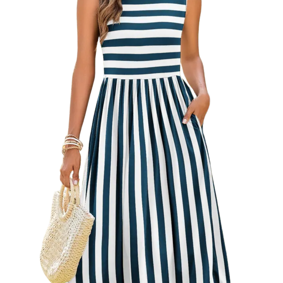Sleeveless midi dress in blue and white stripe