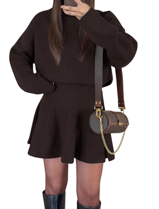 Brown long sleeve dress with flared skirt