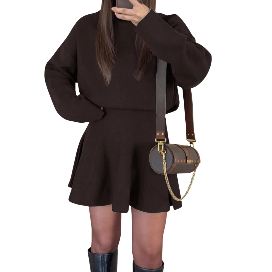 Brown long sleeve dress with flared skirt
