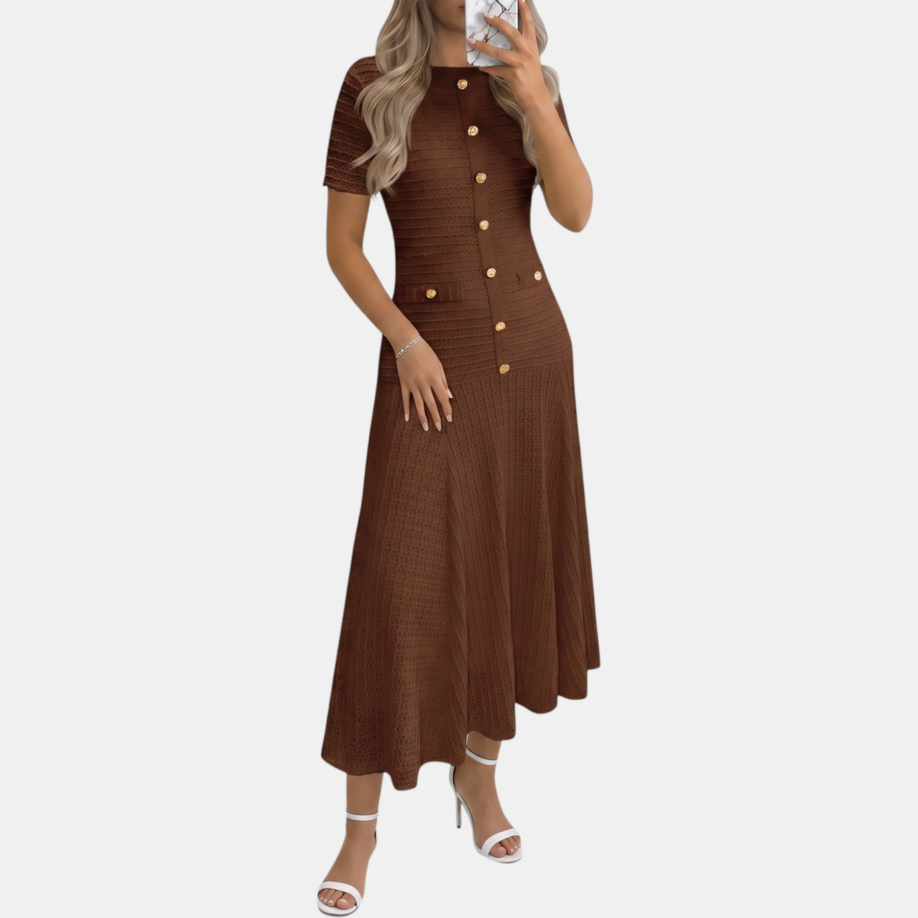 Button front midi dress in brown