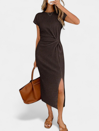 Twist knot midi dress in brown with high side slit