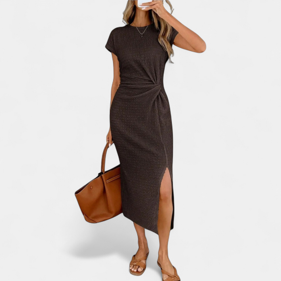 Twist knot midi dress in brown with high side slit
