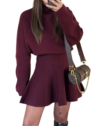 Burgundy long sleeve dress with flared skirt