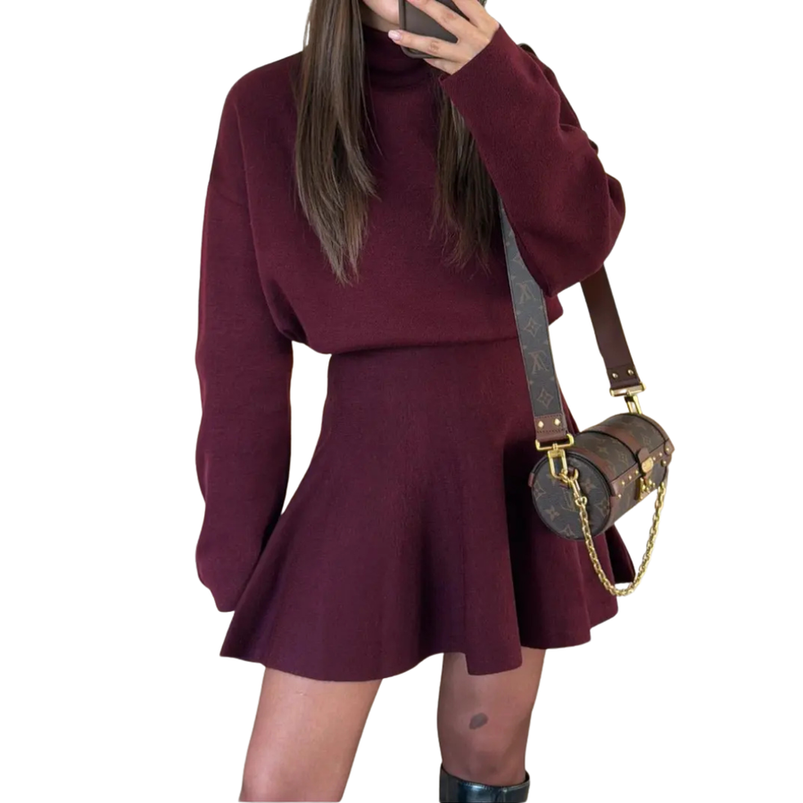 Burgundy long sleeve dress with flared skirt
