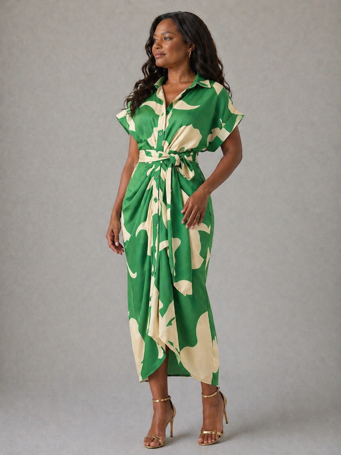 Tahlia Elegant Casual Dress, Flowy V-Neck Tie-Waist Midi Dress
