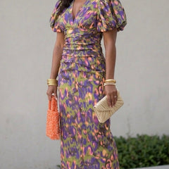 Loren Dress With Puff Sleeves, Printed V-Neck Midi Dress